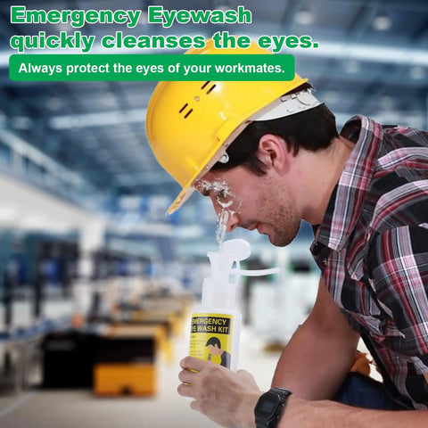 Worker using Portable Eyewash Station Kit OSHA Approved With Wall Mount And 16oz Empty Bottles For Emergency Eye Flush