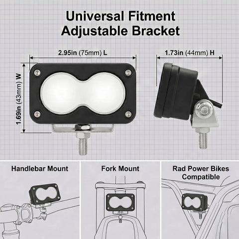Baja Style 20W E-Bike Headlight With Plug And Play 2-Pin Julet Connector Waterproof Front Lamp For 12V-60V Rad Series Off Road Ready White Light Fits RadRover RadRunner RadMini RadExpand RadCity RadWagon