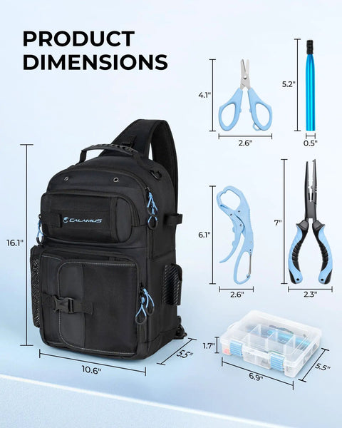 Fishing Sling Tackle Bag Kit With 3500 Tackle Box And Full Gear Set For On The Go Anglers with dimensions