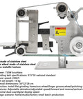 Premium Variable Speed Belt Grinder For Heavy Duty Metalworking with stainless steel body and driven wheel, showing metal grinding setup.
