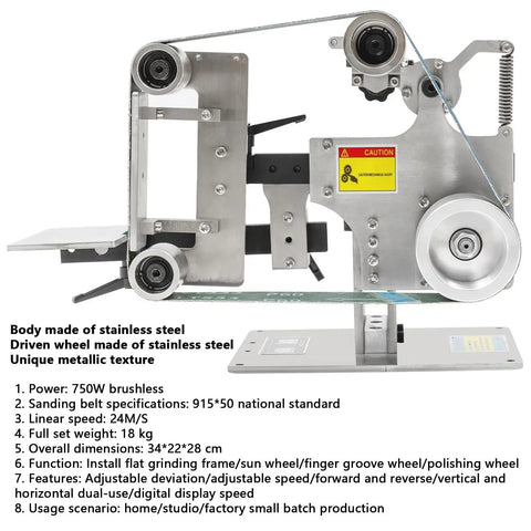 Premium Variable Speed Belt Grinder For Heavy Duty Metalworking with stainless steel body and driven wheel, showing metal grinding setup.
