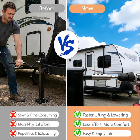 Comparison of Heavy Duty Trailer Jack Drill Adapter With One Inch Shaft And Half Inch Socket for Standard Drills usage before and after.