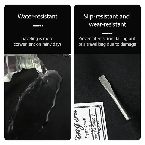 Two-panel image: Amazon rolling duffle bag; left shows water-resistant black fabric; right shows luggage tag