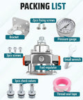 Packing list for Carburetor Fuel Pressure Regulator Kit 1-4 PSI Gauge with components like bracket, gauge, and check valves