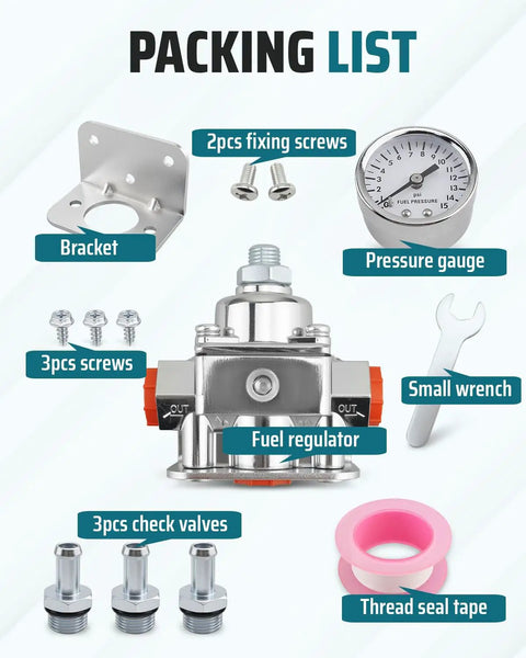 Packing list for Carburetor Fuel Pressure Regulator Kit 1-4 PSI Gauge with components like bracket, gauge, and check valves