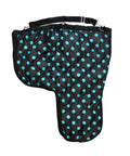 Western Padded Saddle Carrier With Water Resistant 420D Nylon, turquoise polka dots design with shoulder strap, against a white background.