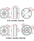Technical diagram showing dimensions of a Pan Tilt Zoom Brushless Servo Motor With AS5048A Encoder Flat Mount, with and without housing.