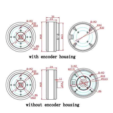 Technical diagram showing dimensions of a Pan Tilt Zoom Brushless Servo Motor With AS5048A Encoder Flat Mount, with and without housing.