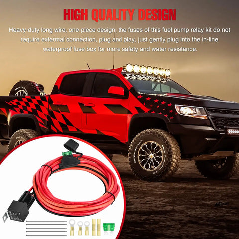 Badass Electric Fuel Pump Relay Wiring Harness Kit with heavy-duty wires and waterproof fuse for 12 Volt systems.