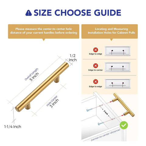 Size guide for Top Shelf Slick Brushed Brass Cabinet Handles, showing hole center and overall dimensions for installation.