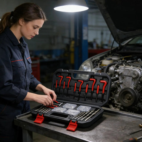 Professional Thread Repair Kit With Precision M5 To M12 Inserts on a workbench, organized in a heavy-duty case, used by a mechanic.