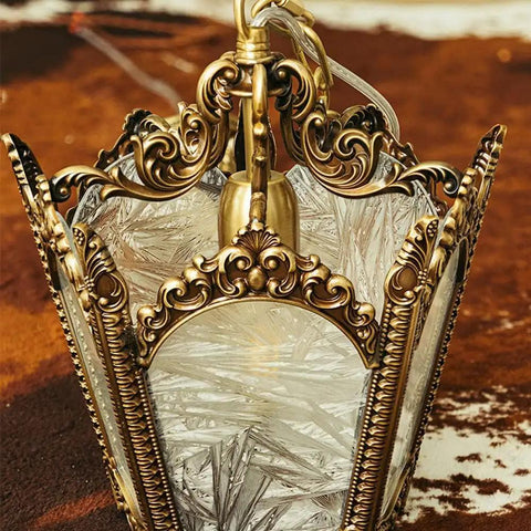 Close-up of Cool Copper Pendant Light With Ice Crack Glass Lantern Adjustable Hanging Height Single Head Chandelier