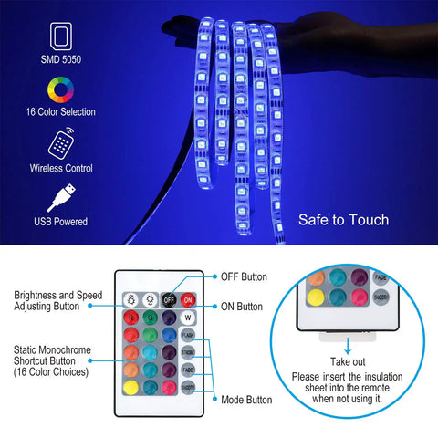 10 Foot RGB LED Strip Lights With USB TV Backlight, IP65 Waterproof, Remote, 16 Color Options, 180 5050 LEDs