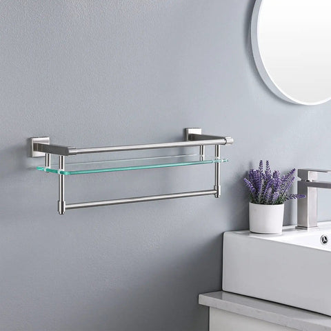 Rustproof Glass Bathroom Shelf With Towel Bar And Rail Heavy Duty SUS304 Stainless Steel Wall Mount In Brushed Finish Model A2225 2