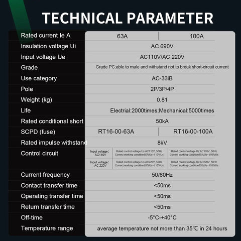 Technical parameters of Automatic Transfer Switch Three Phase ATS 100A 220V, showing specifications for industrial use.