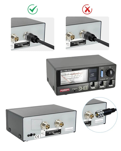 RG8X Coax Cable 50 Ohm With UHF PL259 Male To Male Connectors attached to radio device, correct and incorrect connection shown.