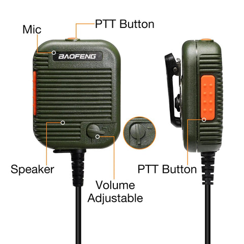 Boss Level Rugged Tactical Speaker Mic With Adjustable Volume Clip On Handheld Walkie Talkie Mic front and side view