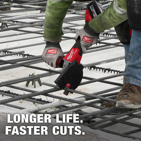 Milwaukee Number 10 Size 1-Inch Rebar Cutting Blade With Cermet Carbide Teeth cutting rebar on construction site.
