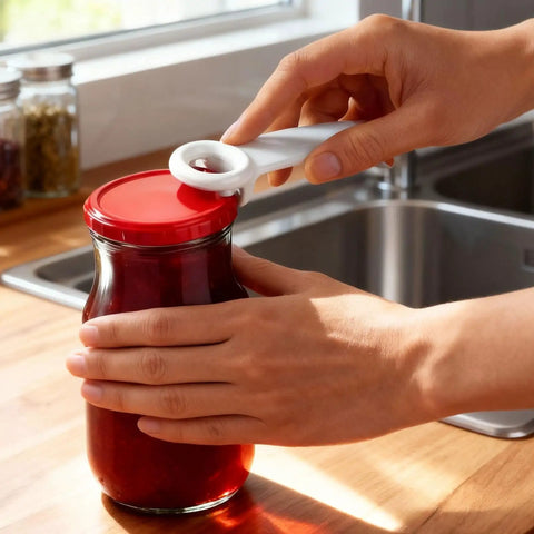 Person using 6 Pack Jar Lid Opener Tool Set Featuring Long Lever Handle to pop a vacuum seal on a glass jar.