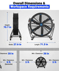 Overall dimensions of the Heavy Duty Fifty Nine Inch Portable Industrial Floor Fan With Variable Speed Settings and Quick Tilt Rig.