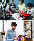 Students and teacher working with 3D printers and robotics during a STEM class.
