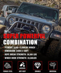 Off-road SUV equipped with Beefy Synthetic Winch Rope Cable Kit Heavy Duty Three Eighths Inch Hundred Feet 26,500 Pound Winch Line