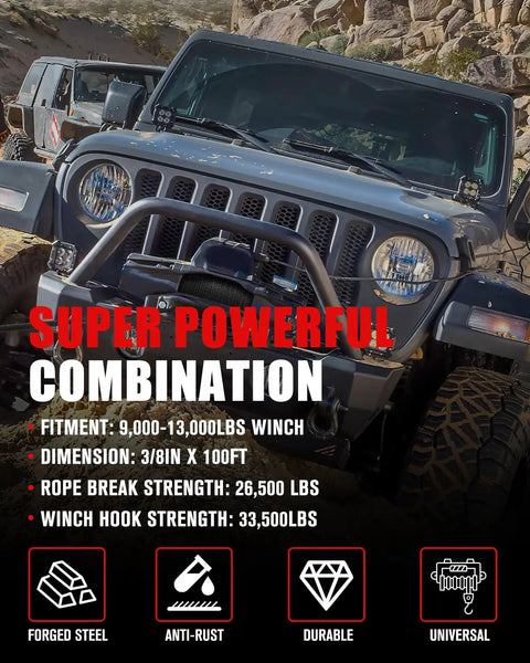 Off-road SUV equipped with Beefy Synthetic Winch Rope Cable Kit Heavy Duty Three Eighths Inch Hundred Feet 26,500 Pound Winch Line