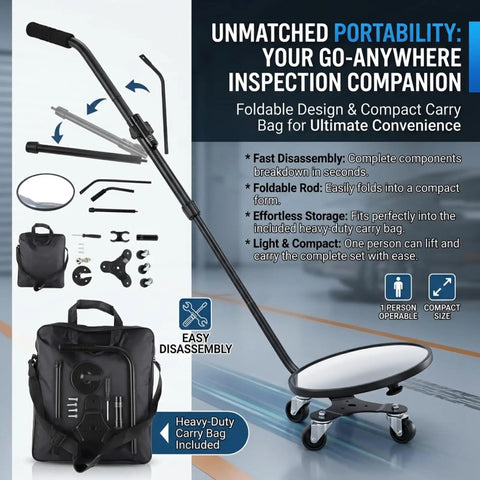 12 Inch Under Vehicle Inspection Mirror With Light Adjustable Angle Telescoping Handle Portable Convex Search Mirror With Carry Bag Magnifying Vehicle Security Tool For Checkpoints Borders Schools And Auto Inspections Must Have, featuring disassembled parts and carry bag
