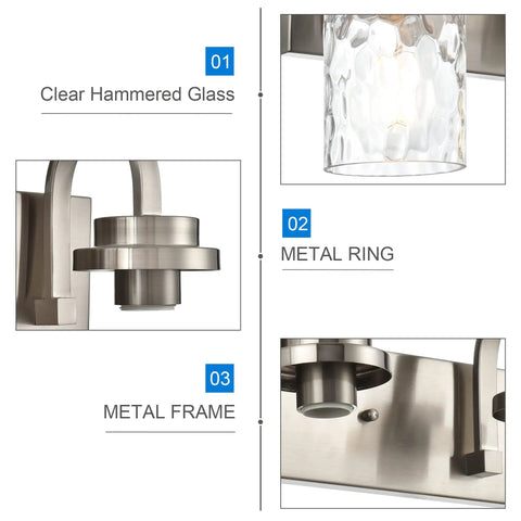 Dope 31 Inch Brushed Nickel Vanity Light Fixture With Hammered Glass Shade details - clear glass, metal ring, frame close-up