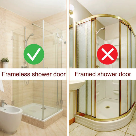 Comparison of a frameless shower door on the left and a framed shower door on the right