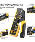 All In One Ethernet Crimping Tool Kit With Pass Through RJ45 Crimper Cable Tester Wire Cutters Pliers Network Cable Stripper Mini Stripper And 50 Cat6 Pass Through Connectors With Strain Relief Boots For Cat7 Cat6 Cat5 Networks, showing a multifunction tool with cutting, stripping, and crimping features.