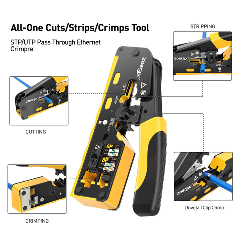 All In One Ethernet Crimping Tool Kit With Pass Through RJ45 Crimper Cable Tester Wire Cutters Pliers Network Cable Stripper Mini Stripper And 50 Cat6 Pass Through Connectors With Strain Relief Boots For Cat7 Cat6 Cat5 Networks, showing a multifunction tool with cutting, stripping, and crimping features.