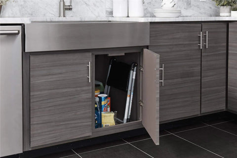 One Step Steel And Resin Go-To Step Stool Without Handle In Platinum And Black stored in kitchen cabinet, slip resistant feet