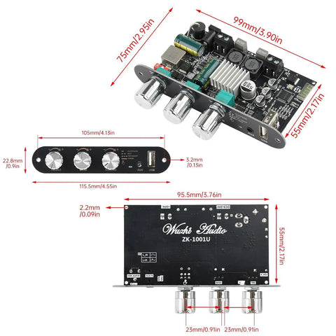 Beefy Two Pack 100W Mono Bluetooth Amp Board With TWS Wide Voltage Input 9 To 24V Car And Home Audio DIY Amplifier AUX USB Bluetooth Input Great For DIY Speakers, black PCB dimensions shown