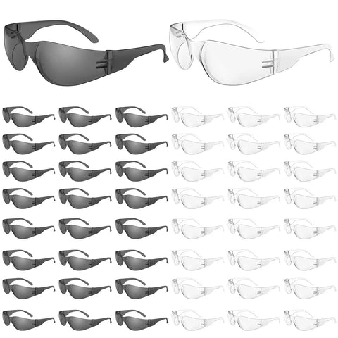 Clear And Grey Safety Glasses Set For Work Lab And Construction ANSI Z87.1 Rated Scratch And Impact Resistant Wraparound Eyewear 50 Pack