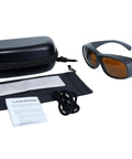 Heavy Duty Laser Safety Glasses For Tattoo Removal Showing Foolproof Od5 Plus Protection Across Key Wavelengths With Tough As Nails Build Quality Delivering Kickass Eye Shielding For Dependable Medical Equipment Use in a black case with cleaning cloth.