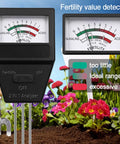 Three Needle Detection Soil Fertility Tester Kit For Home Garden And Farm Use Indoor Outdoor No Battery Needed Quick Accurate Reliable Pro Grade Soil Health Probe With Toggle Switch displayed with flowers and soil