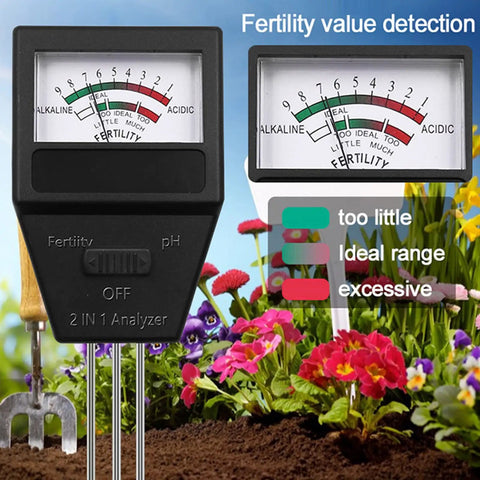 2 In 1 Soil Fertility And PH Tester For Indoor And Outdoor Plants Garden Portable Lightweight No Batteries Needed Quick Read With Three Needle Detection For Fast Accurate Readings, shown in use with garden plants and tool.