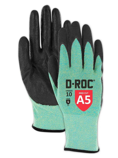 Heat And Adhesive Resistant Cut Level A5 Work Gloves With Ultra Lightweight 18 Gauge Aramid Shell For Superior Dexterity And A Grippy Polyurethane Palm Reusable Size Small, showing front and back view.