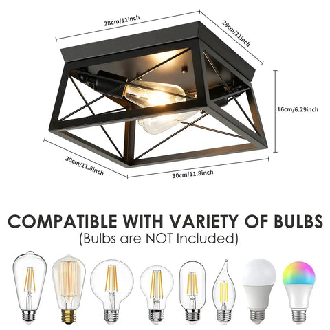 Two Light Flush Mount Ceiling Light Fixture in Matte Black with Open Cage Metal Frame showing bulb compatibility