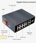 Rugged Outdoor Industrial 10 Port Gigabit Ethernet Switch With Hardened Din Rail Mount showing RJ45 ports and power input