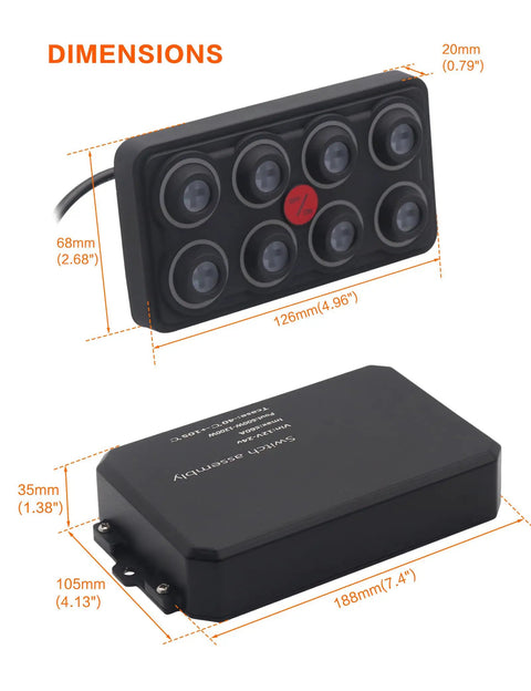 Dimensions of Beefy 8 Gang Switch Panel 12V 24V IP68 Waterproof With Four Modes Toggle Momentary Pulse SOS Eight Color Backlit.
