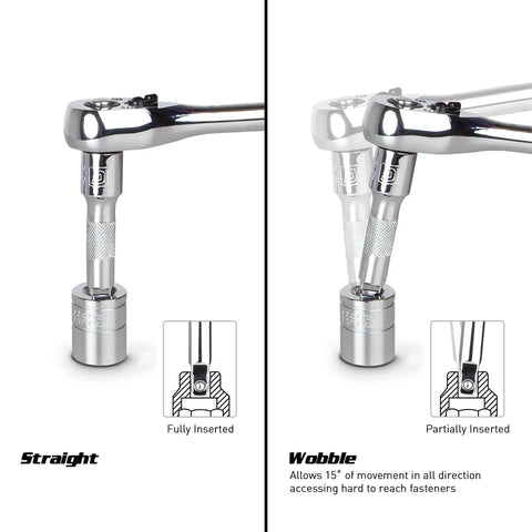 Quarter Inch Drive Wobble Extension Bar Set 5 Piece For Max Reach And Flex Lets You Turn Hard To Reach Fasteners At Angles Up To 15 Degrees With A Spring Loaded Ball Detent Capri Tools showing straight and wobble usage.