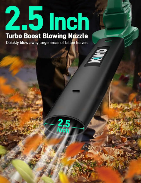 Cordless Leaf Blower With Two Speed Settings for Yard Work, showing 2.5-inch turbo boost nozzle in action