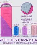 Ultralight Camping Sleeping Bag For Adults And Kids with right zipper, size 7'3''x2'8'', includes lightweight storage sack.