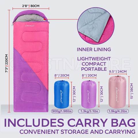 Ultralight Camping Sleeping Bag For Adults And Kids with right zipper, size 7'3''x2'8'', includes lightweight storage sack.