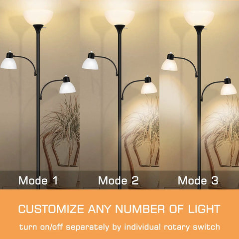 Tall Torchiere Floor Lamp With 8W Adjustable Reading Lights Industrial Tree Style Black Floor Lamp For Living Room Bedroom And Office 72 Inch Standing Lamp With Three Bulbs Included showing modes 1, 2, and 3