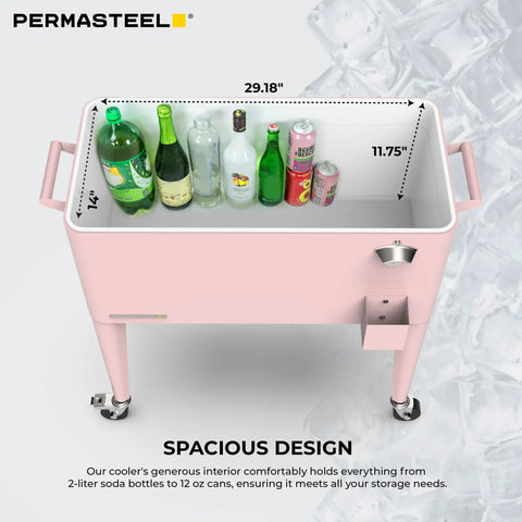 Top view of pink 80 Quart Classic Retro Outdoor Patio Cooler On Wheels With Handles Pink Perfect For Parties Keeps Drinks Cold All Summer Long Bar Cart Style Beverage Cooler For Outdoor Gatherings.