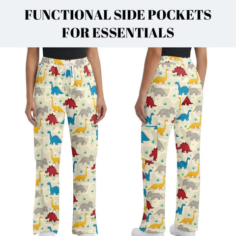 Fresh Fit Cartoon Dinosaur Print Scrub Pants For Women Wide Leg Cargo Nurse Trousers With Deep Side Pockets And Elastic Waist side view.