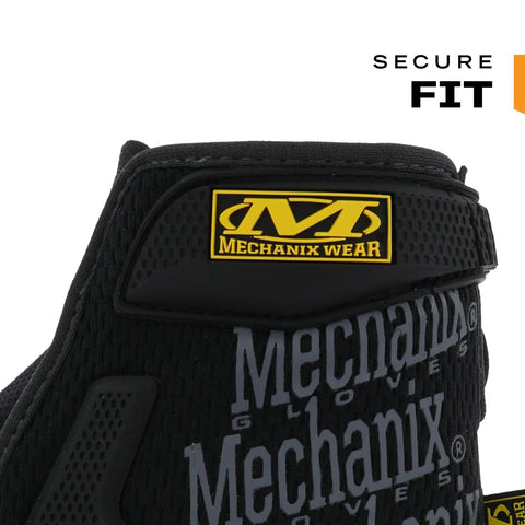 Close-up of Material4X M Pact Work Gloves With Impact Guard And D3O Palm Padding, black color, Mechanix Wear logo, secure fit emphasis.